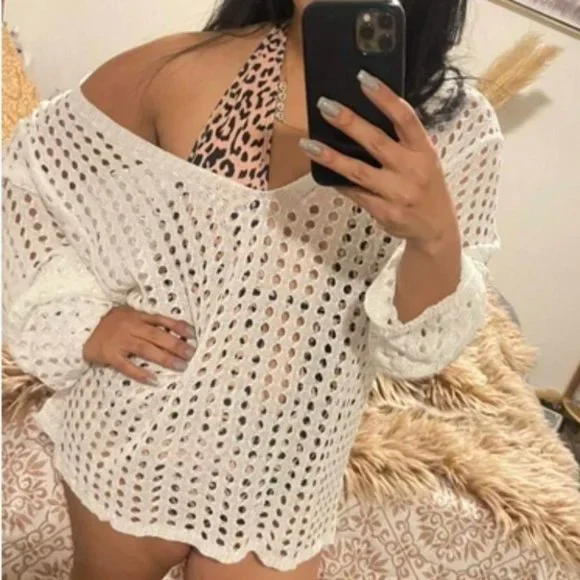 Boho hollow cut Knit Crochet Top beach vacation white - Picture 3 of 8